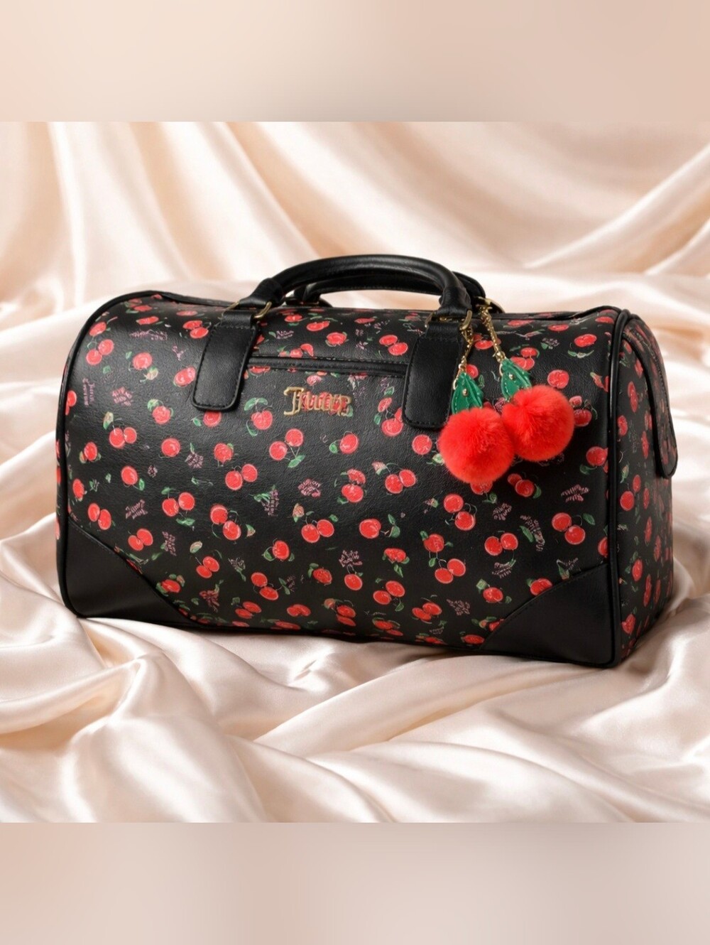 Juicy Cherry Print Black Weekender Bag with Pom Charm